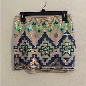 Express Tan, Blue, and Green Sequin Mini Skirt